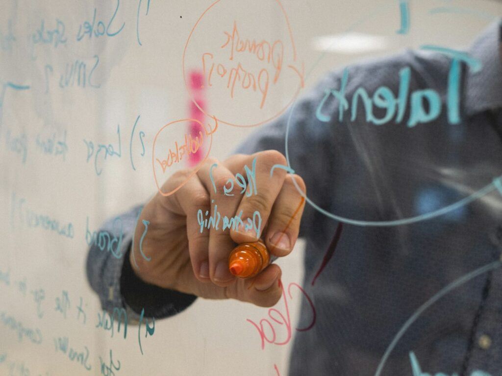 SaaS team planning an SEO strategy on a whiteboard to grow signups