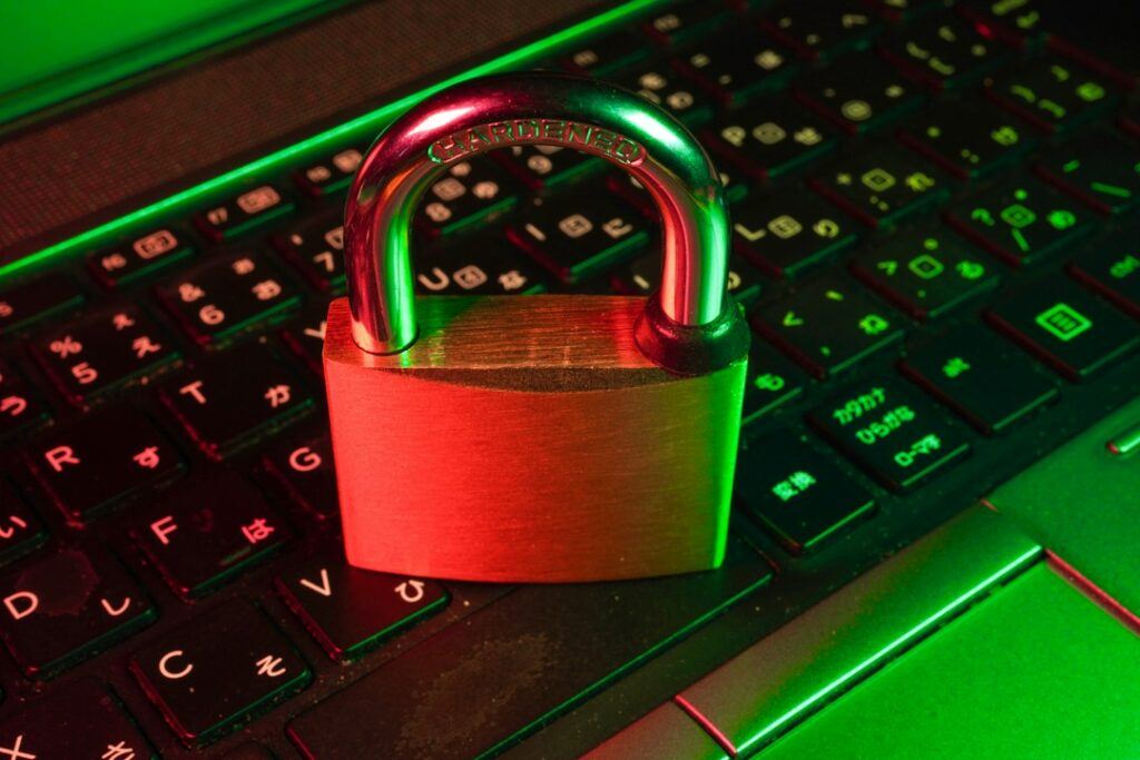 Laptop screen with a padlock symbol representing WordPress website security
